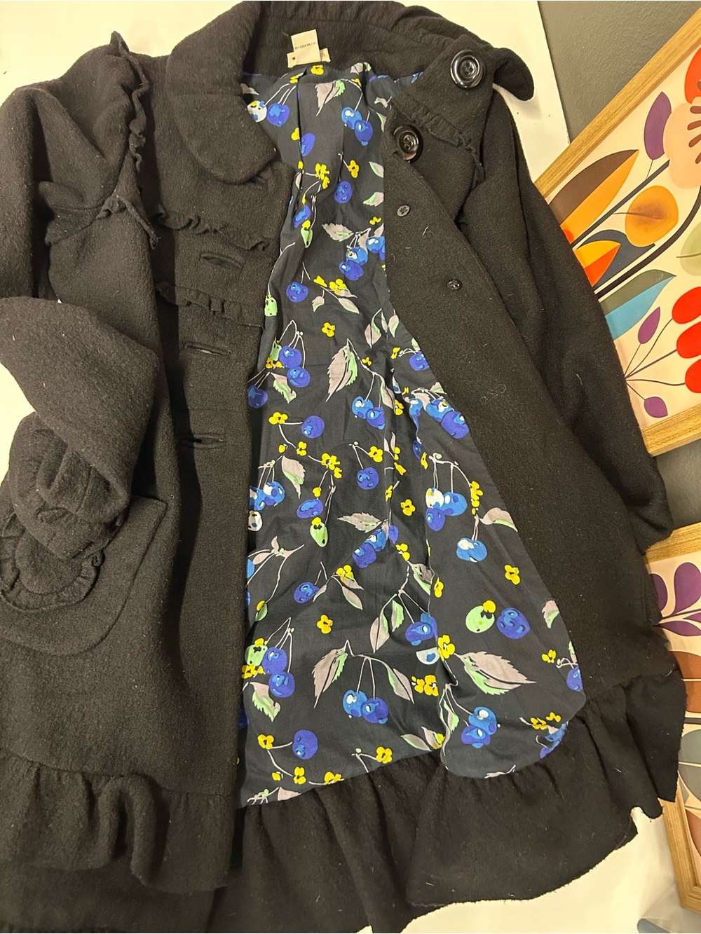 Anthropologie Elevenses wool ruffled coat with blueberry lining size 8
